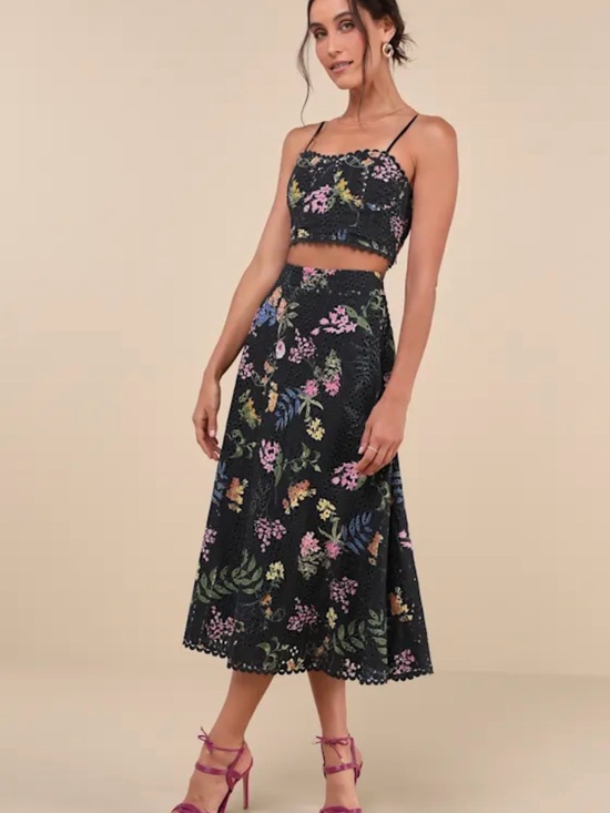 Lulus Dresses & Skirts - Floral Lace Midi Skirt in Black